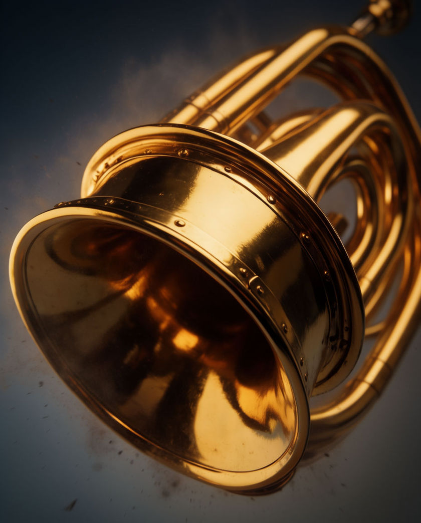 A lacquered brass bell filling the frame from below, warm light sliding along the tubing behind it