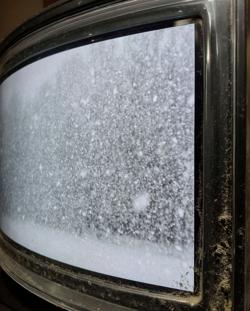 A curved glass screen filled edge to edge with grey and white snow, its glow spilling onto the dark casing around it