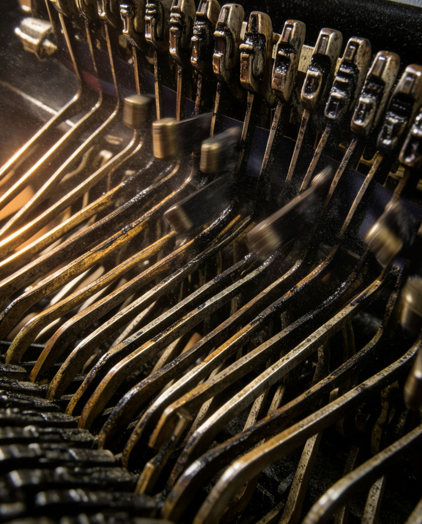 A cluster of metal typebars caught mid-strike against inked ribbon, low warm light raking across the levers
