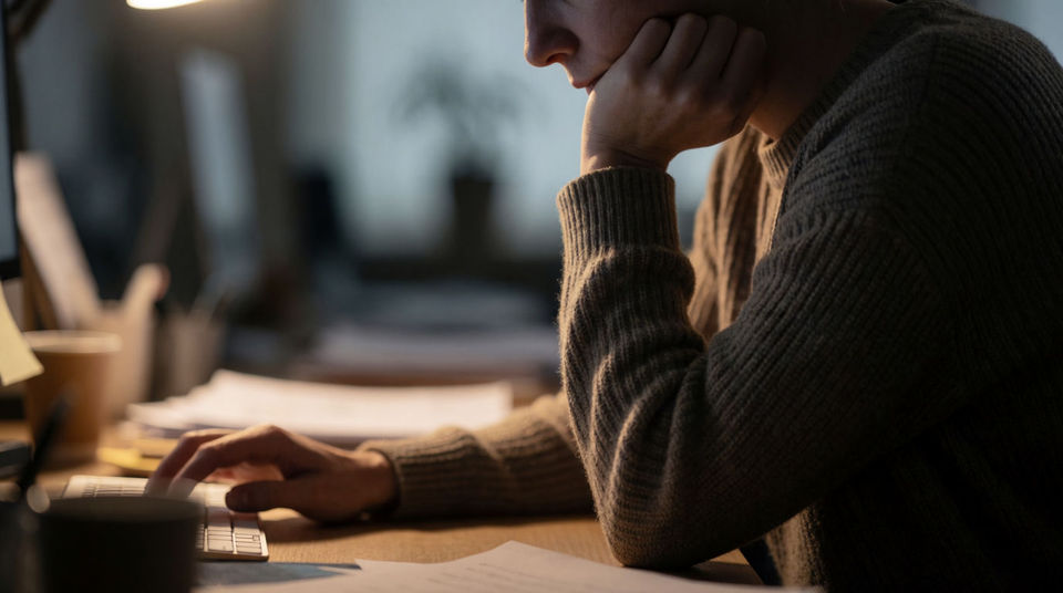 Show how the person at the desk is feeling