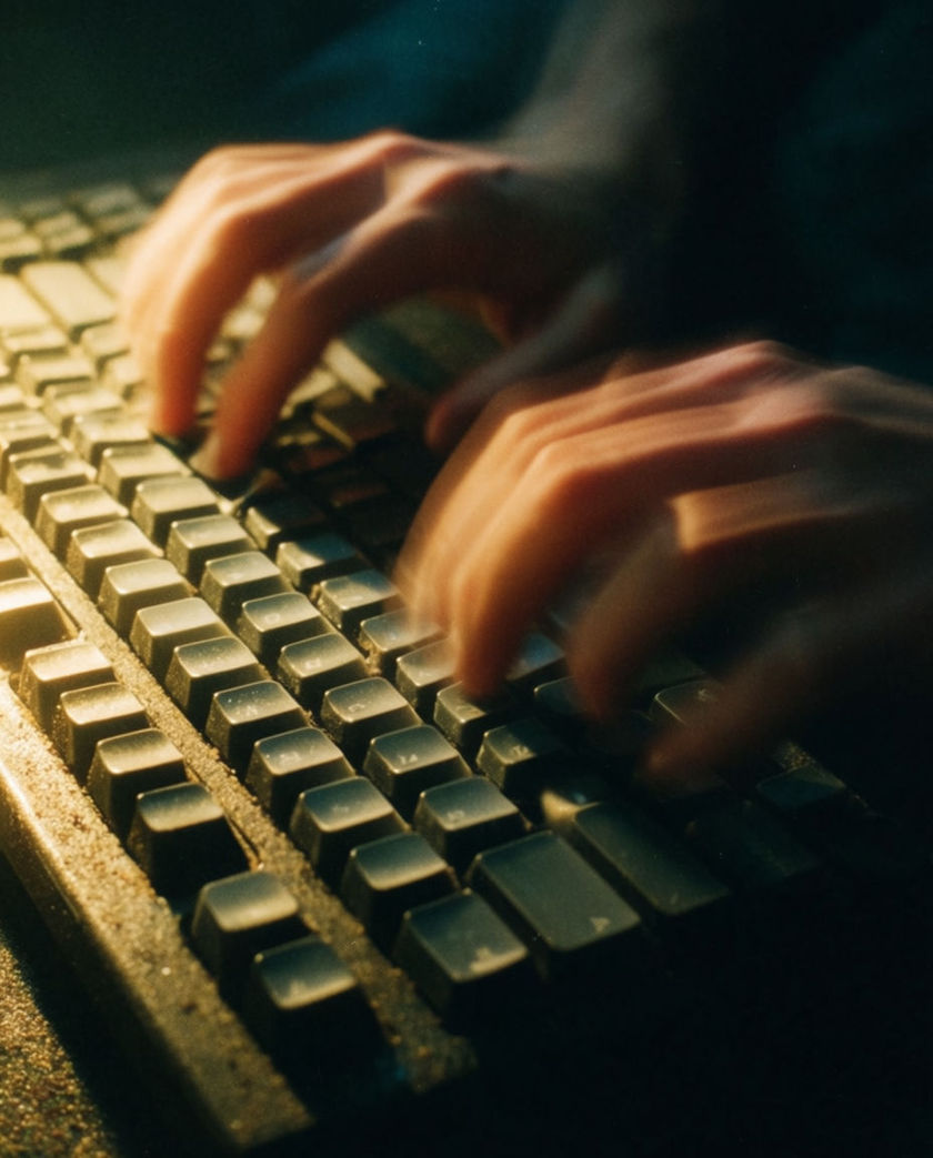 Two hands blurred mid-stroke across a dark keyboard, one raking light catching the tops of the keycaps