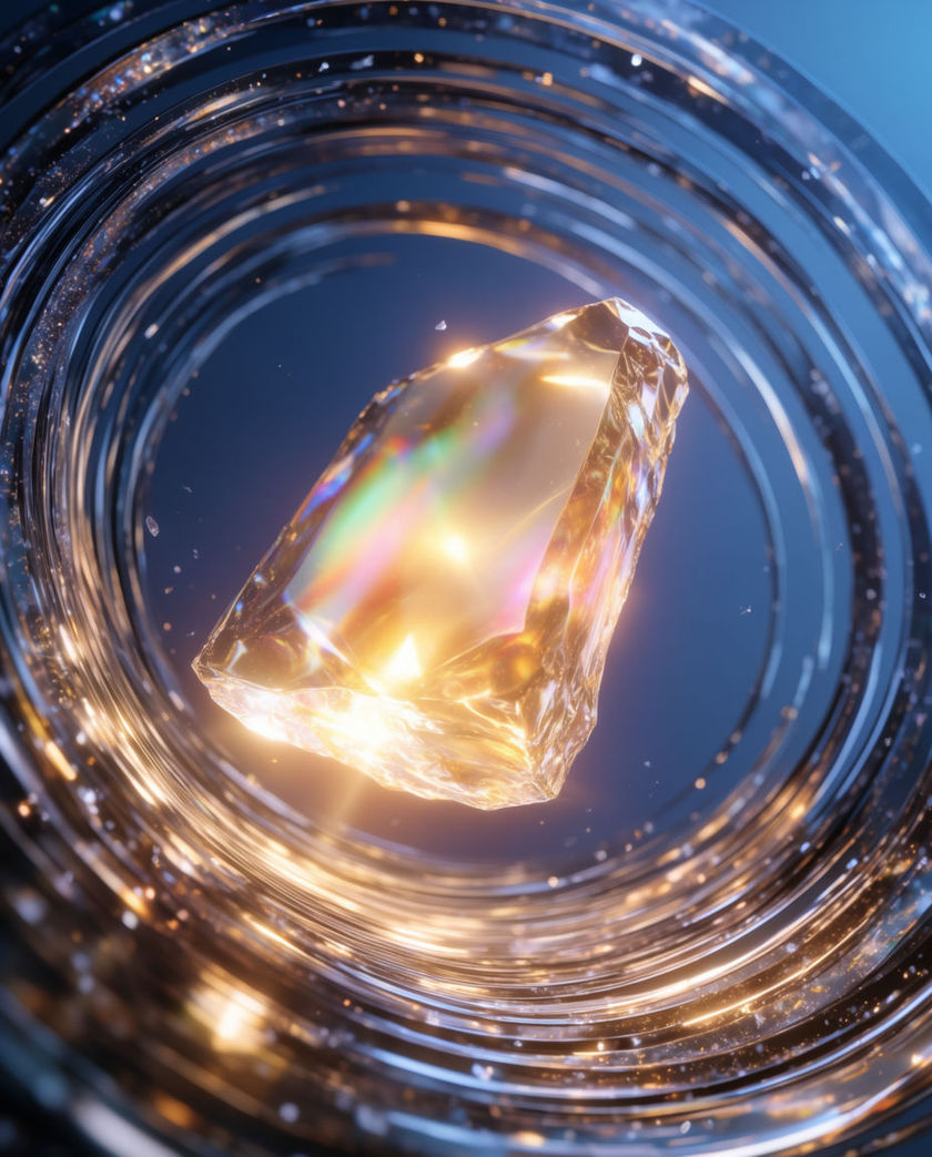 A glowing translucent shard suspended mid-spin against deep blue, rings of light snapping outward from it and filling the frame
