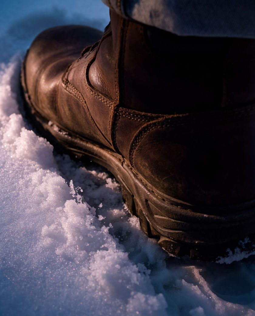 A boot pressing into fresh snow filling the frame, ice crystals lifting at the edge of the print