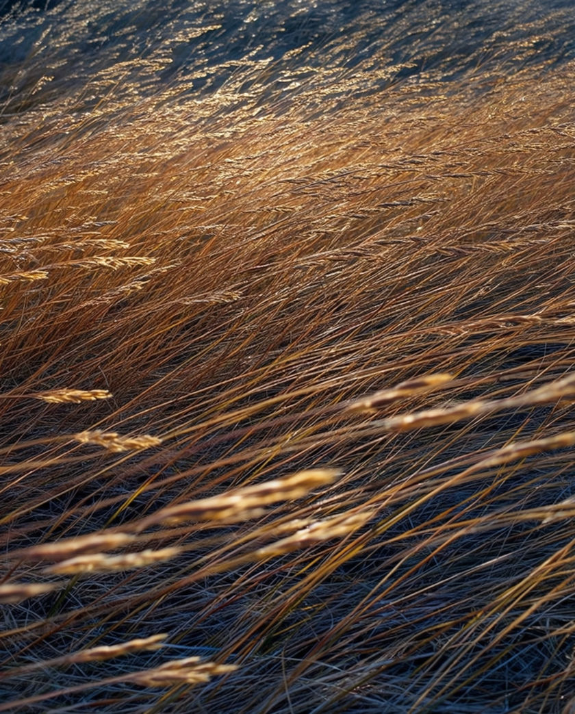 Long grass laid flat by a gust on an open ridge, low sun raking across it