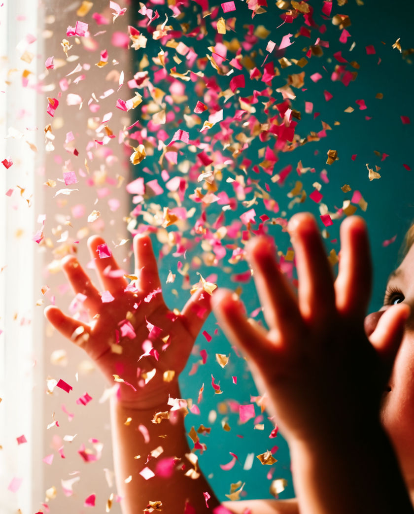 Two small hands thrown up into a burst of confetti, everything close and bright against a flat colour field