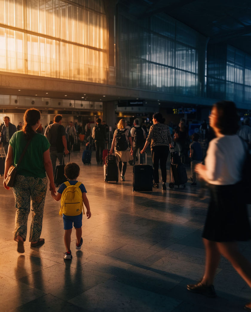A wide airport terminal concourse with tall windows, departure boards, and travelers walking with rolling bags.