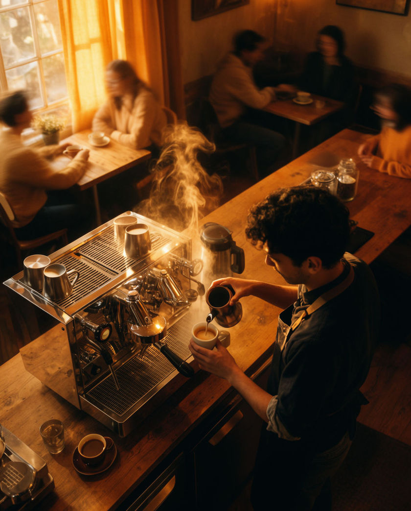 A warm coffee shop interior with an espresso machine on the counter, patrons at wooden tables, and daylight through a large window.