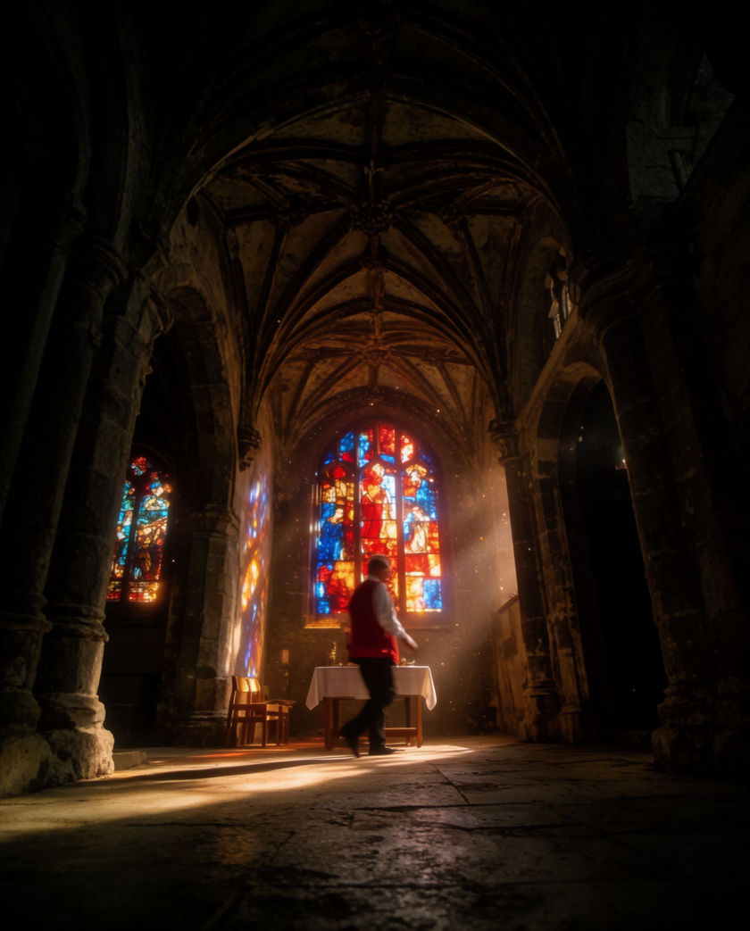 The interior of an old stone church, tall arches and stained glass, empty wooden pews receding toward the altar.