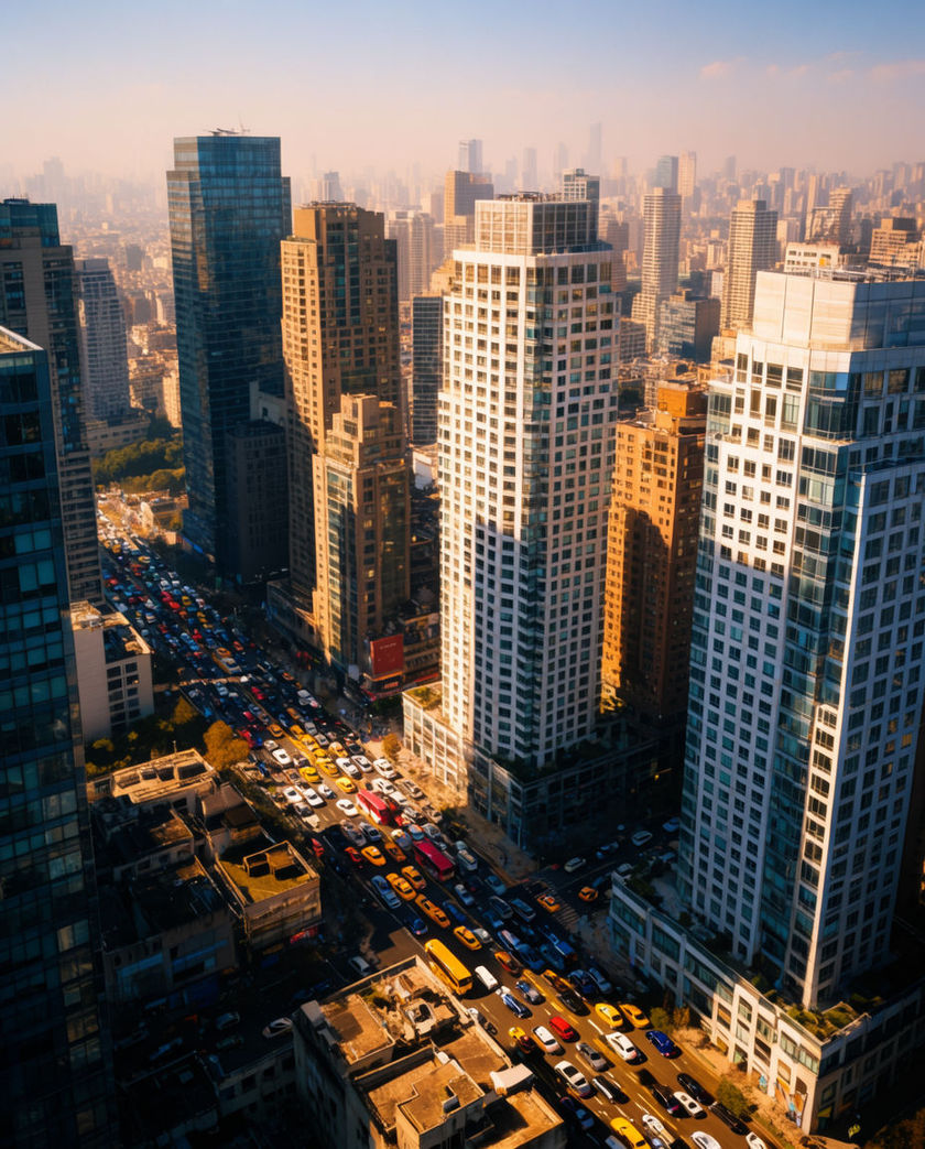 A wide downtown view at midday, tall buildings, streams of traffic on the avenues, and hazy sky above the skyline.