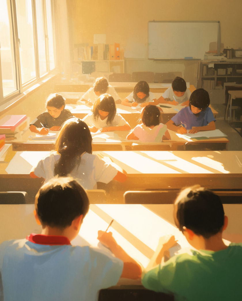 A daylit classroom with rows of desks, chairs, a whiteboard at the front, and pupils bent over their work.
