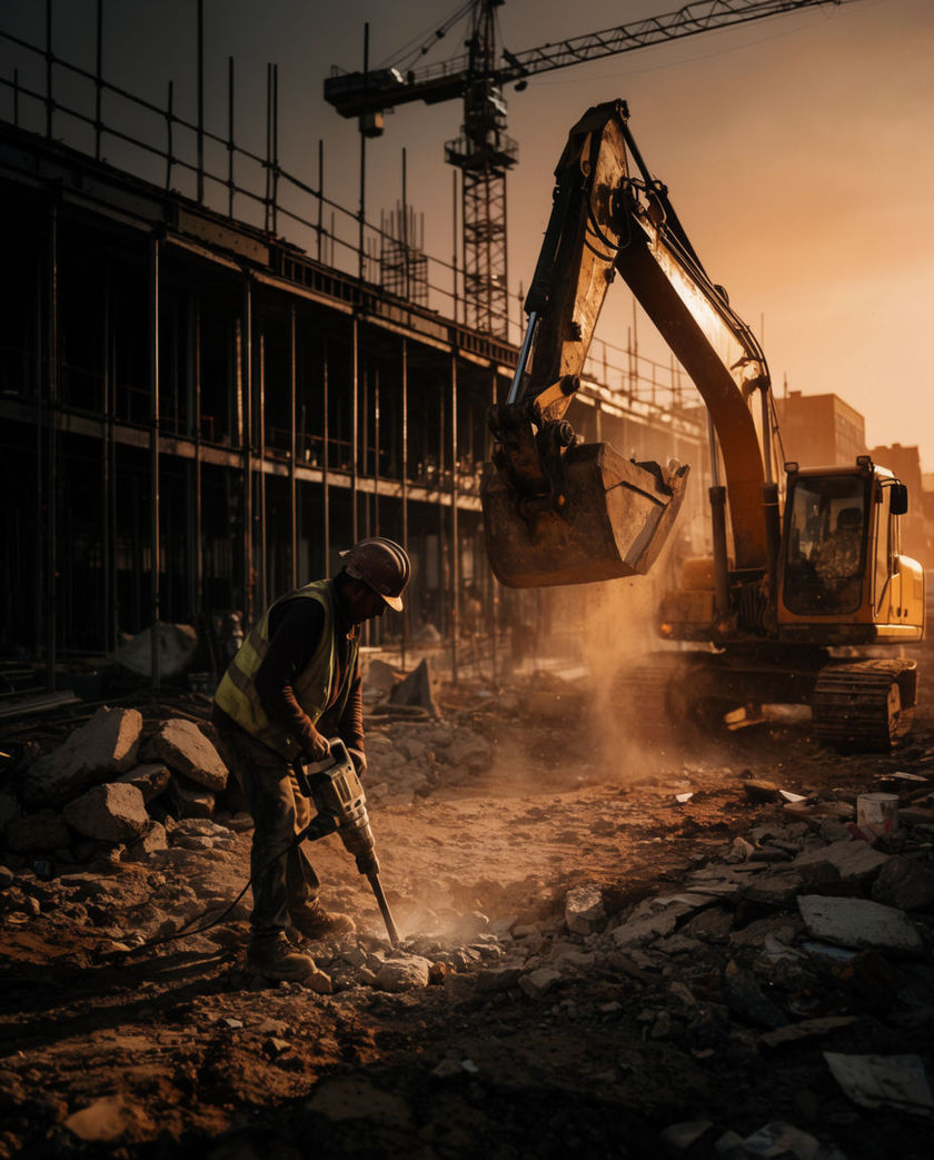 A busy urban construction site with a yellow excavator, scaffolding, and workers in hard hats under an overcast sky.