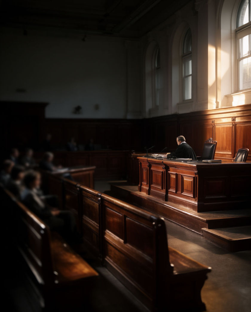 A formal courtroom with a raised judge's bench, wooden gallery benches, and tall windows, empty and quiet.
