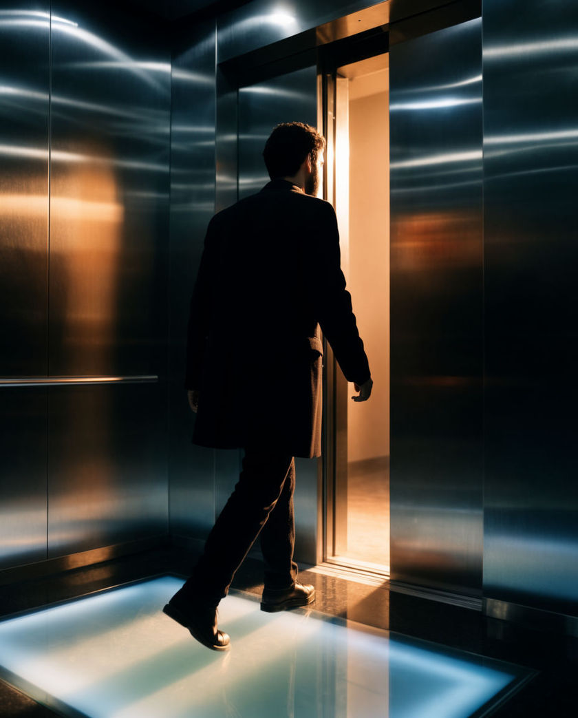 The interior of a modern elevator with brushed-metal walls, a glowing floor-number panel, and doors partly open.