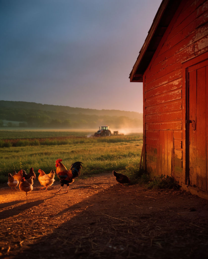 A rural farmyard at sunrise with a red barn, a few chickens, and green fields stretching to the horizon.