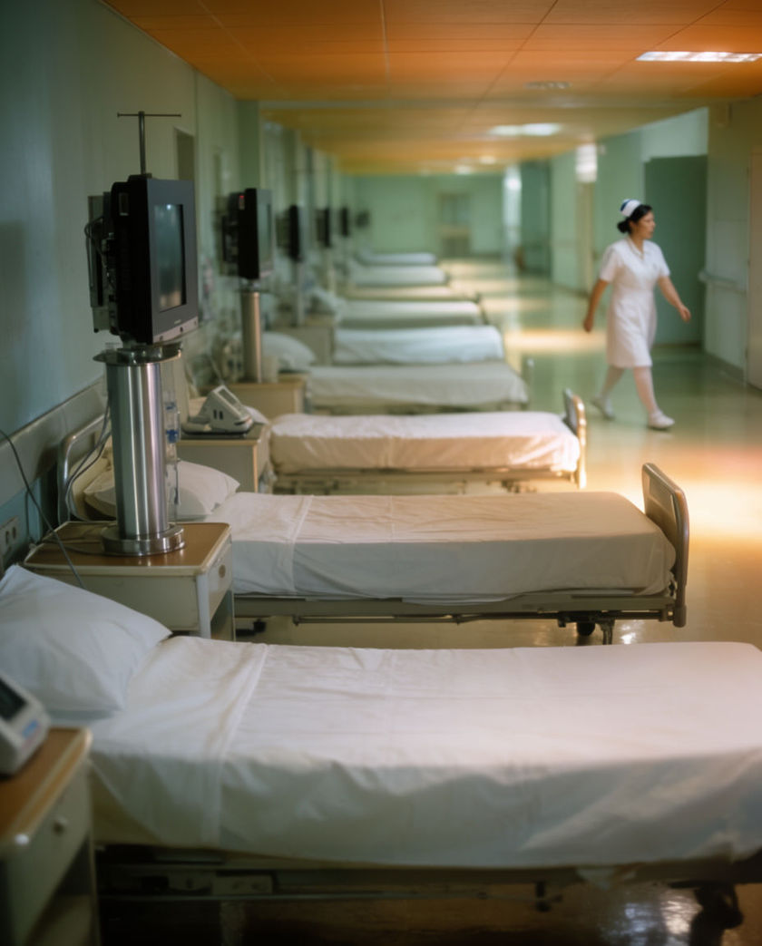 A hospital ward corridor with empty beds, monitors on stands, and soft overhead lighting reflecting on a polished floor.