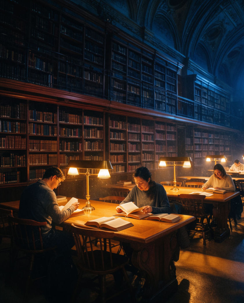 A sunlit reading room with long wooden tables, tall shelves of books, and a few readers seated in quiet.