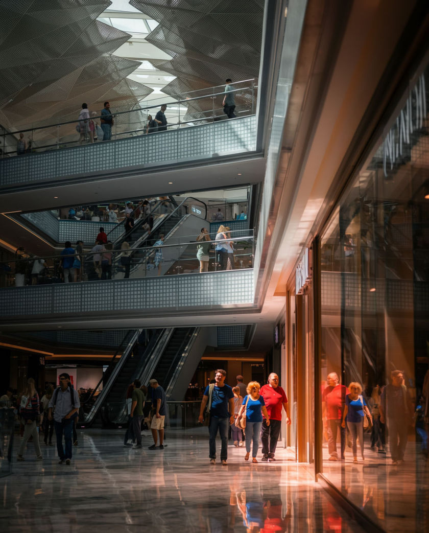 A bright multi-level shopping mall with glass balconies, storefronts, and shoppers walking across a wide floor.