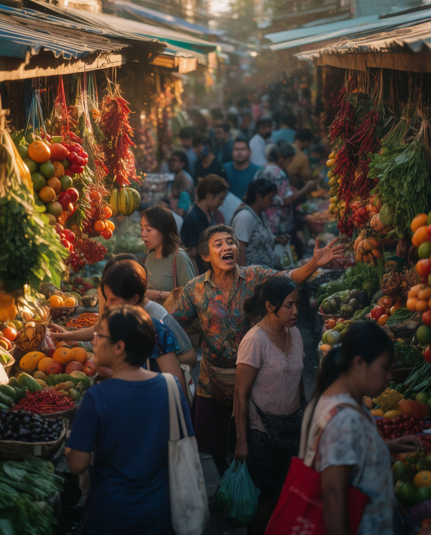A crowded open-air street market with colorful stalls, hanging produce, and shoppers moving between vendors.