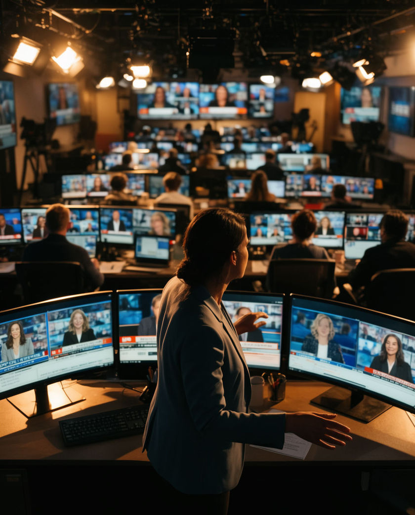 An open-plan television newsroom with rows of desks, glowing monitors, and journalists working under bright overhead lights.