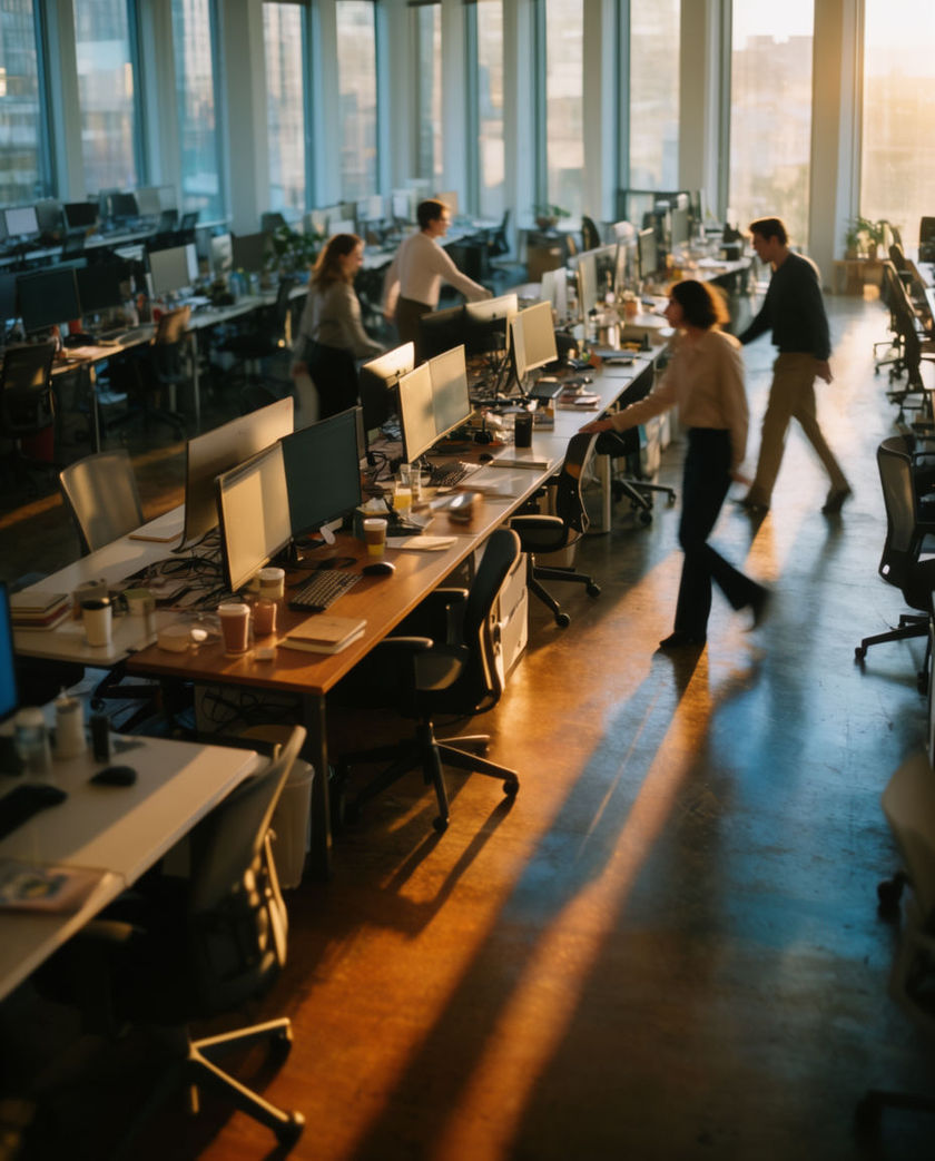 A wide open-plan office at mid-morning, rows of desks with monitors and a few people working near tall windows.