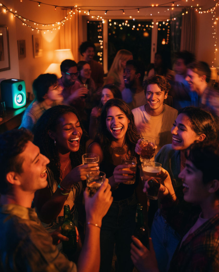 A crowded house party at night with warm lighting, people talking and laughing, and drinks in hand.