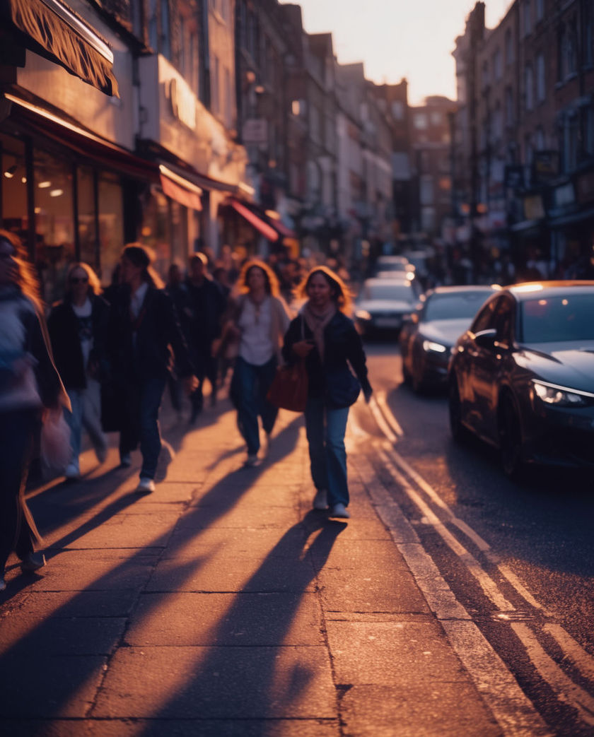 A pavement-level view of a city street, people walking past shopfronts as cars roll by at the kerb in the afternoon.