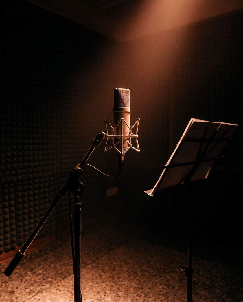 The interior of a recording studio live room with microphones on stands, acoustic panels, and soft warm lighting.