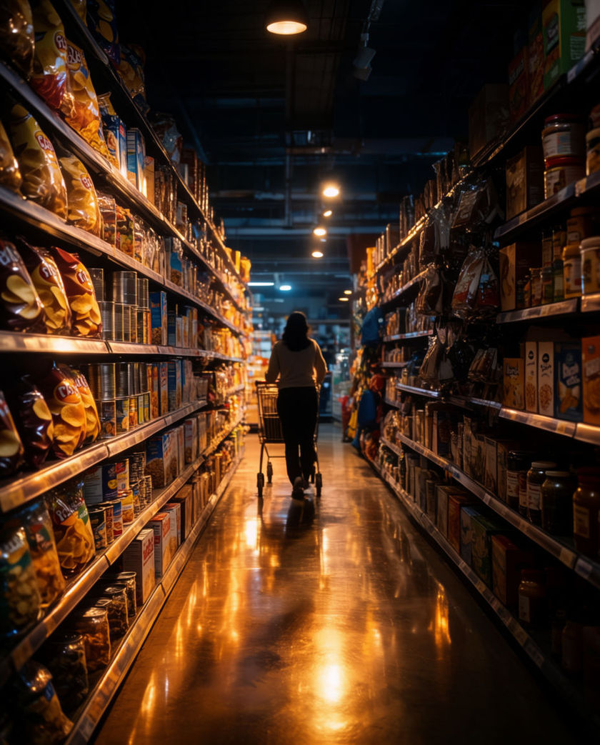 A wide supermarket aisle with tall stocked shelves, overhead lights, and a few shoppers pushing trolleys.