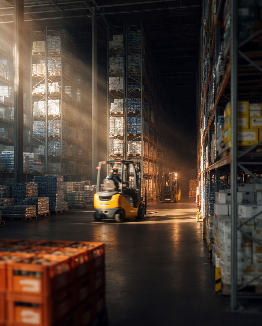 A vast distribution warehouse with tall steel racking, stacked pallets, and a forklift moving down a wide aisle.