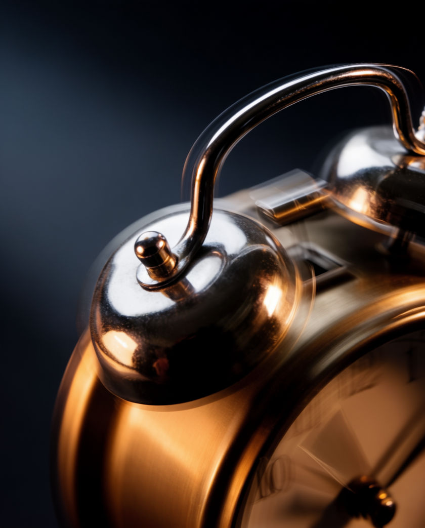 A brass twin-bell alarm clock on a bedside table in blue pre-dawn light