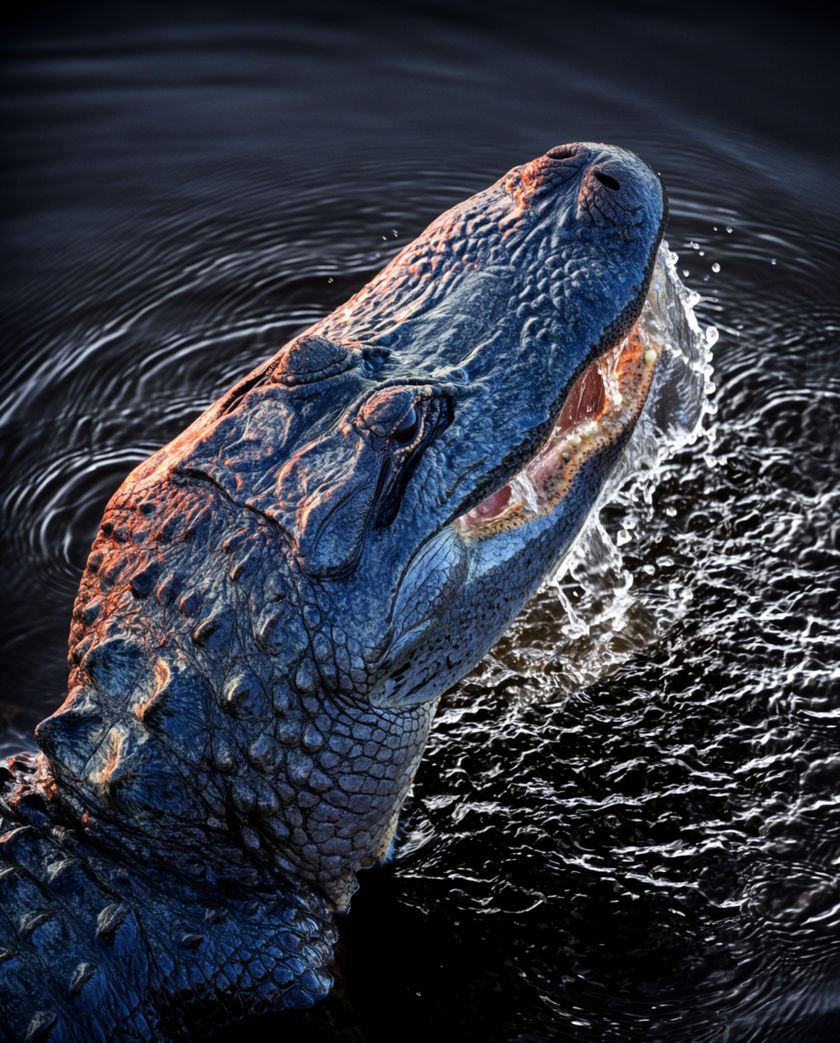 An alligator's eyes and snout just above still black water, ripples spreading outward