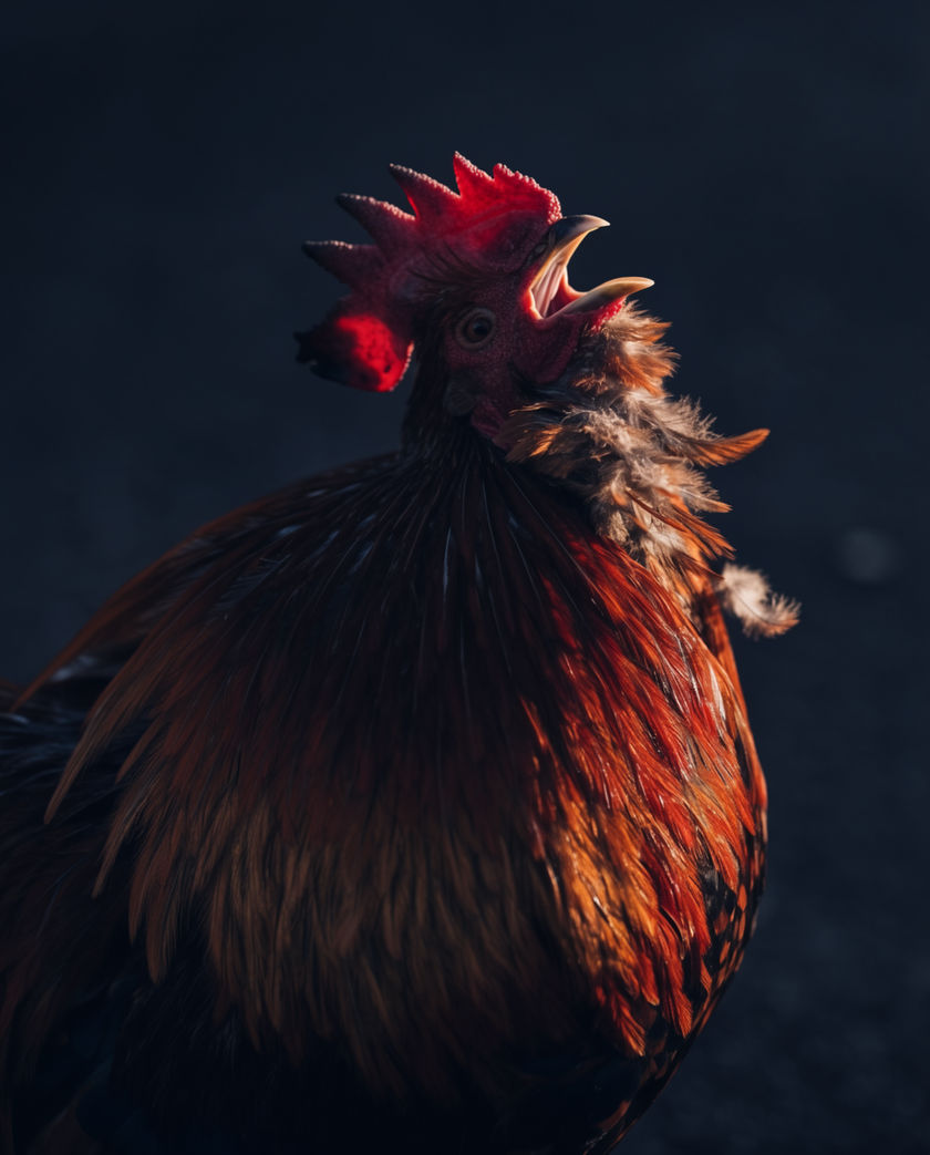 A rooster mid-crow on a fence rail, head back, lit from one side against a dark field