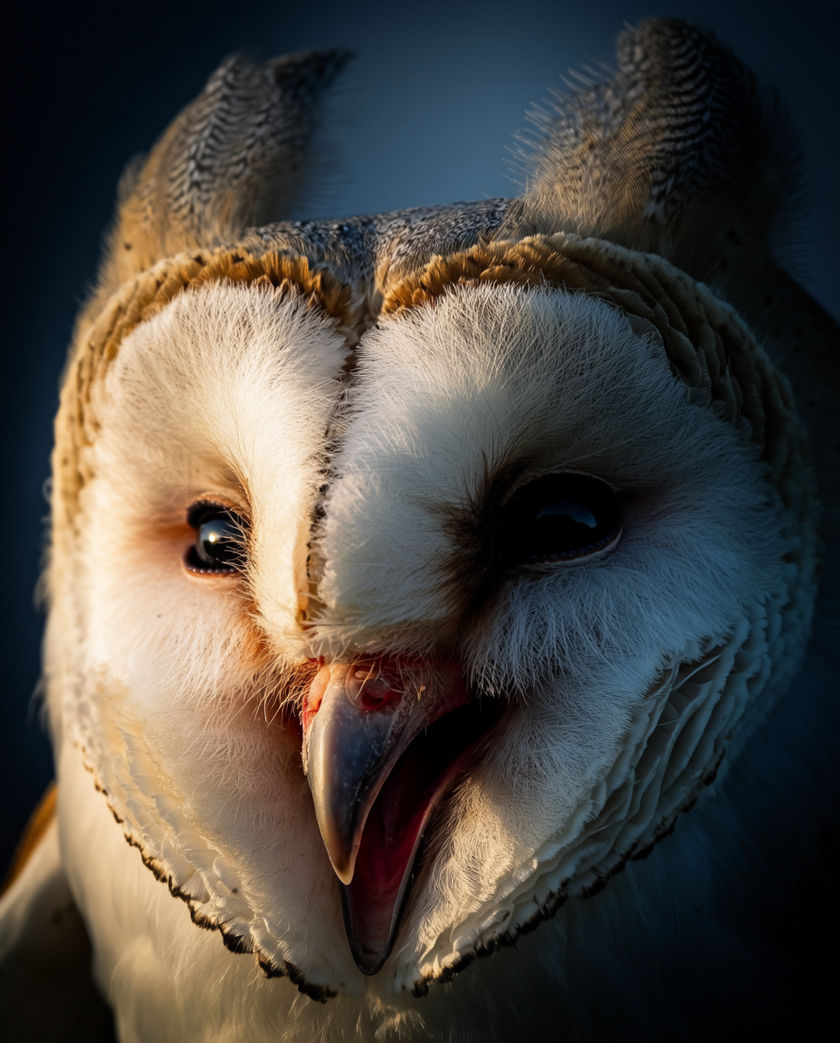 A barn owl in flight low over stubble at dusk, pale underside lit, heart-shaped face turned down