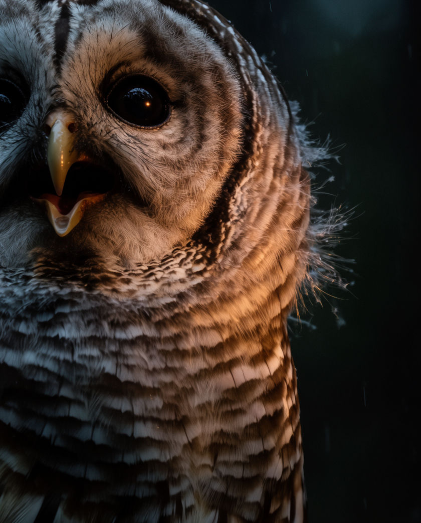 A barred owl on a mossy limb in wet forest, dark eyes to the lens, soft grey light through leaves