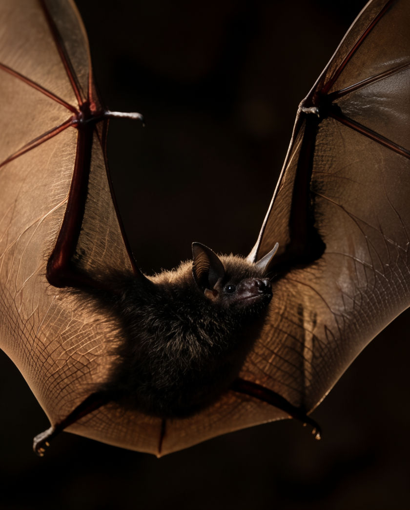 A bat in flight against a deep indigo sky, wing membranes lit from below, mouth open