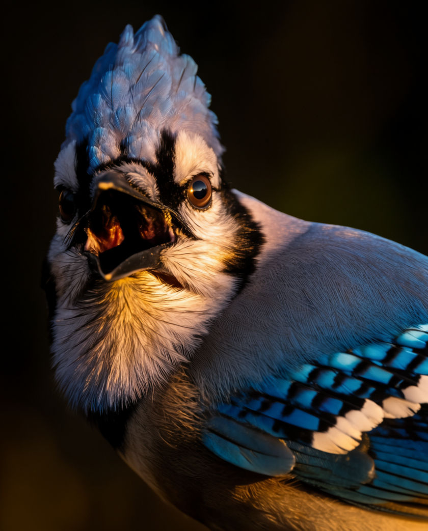 A blue jay on a snowy branch, crest raised and beak open mid-call, blue against flat white