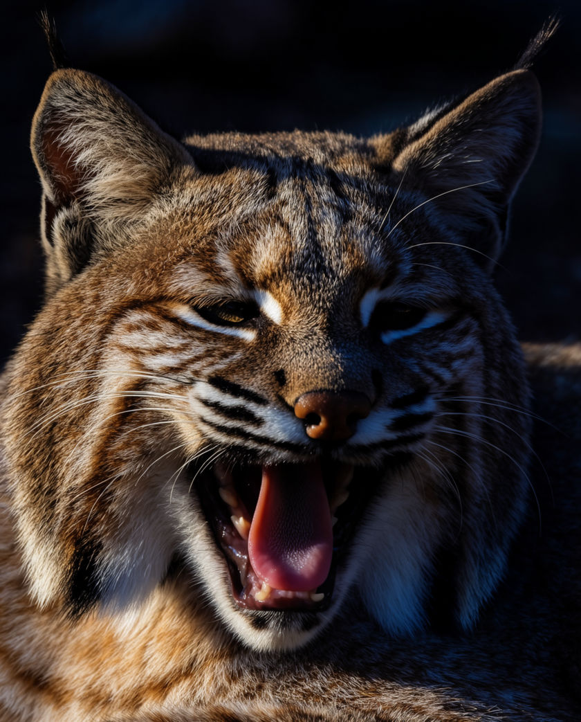 A bobcat crouched low on a rock ledge, ears back and mouth open, hard afternoon light across its flank