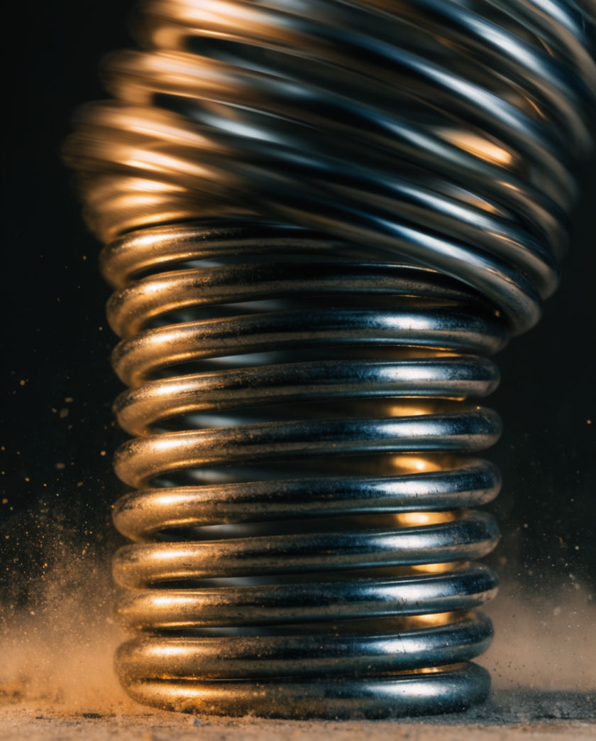 A coiled steel spring mid-stretch against a flat yellow ground, hard shadow beneath