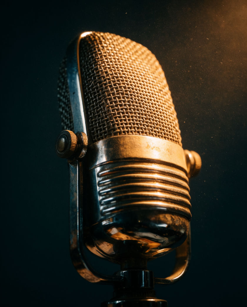 A single studio microphone under a hard cyan wash, everything around it falling into black