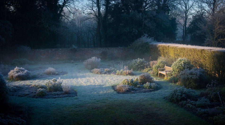 Let a distant song hold a still garden scene