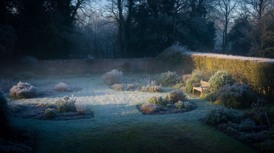 Let a distant song hold a still garden scene