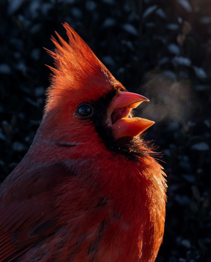 A male cardinal on a snowy branch mid-song, crest raised, red against a cold grey background