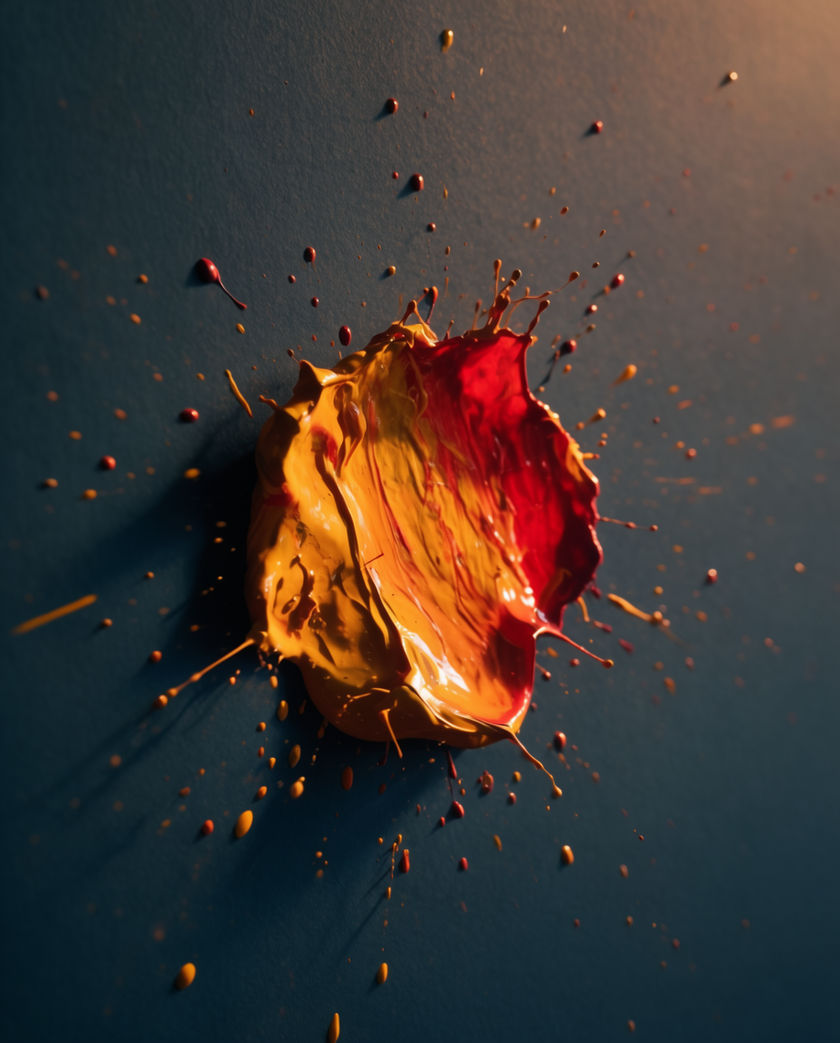 Bright primary shapes bursting outward on a flat cyan ground, hard-edged and graphic