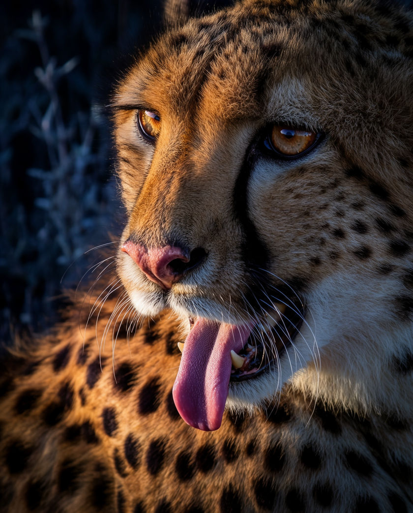 A cheetah lying in dry grass at eye level, head up and mouth open mid-chirp, heat haze behind