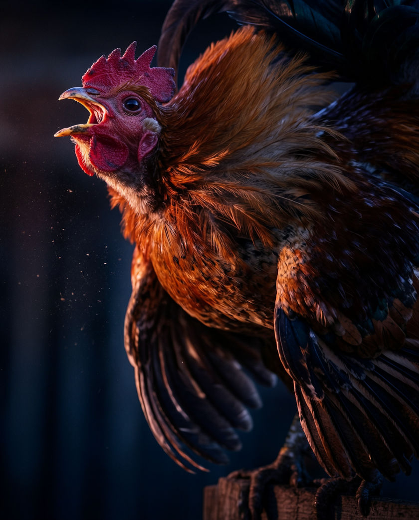 A speckled hen close in profile on straw, one eye to the lens, warm barn light from the side