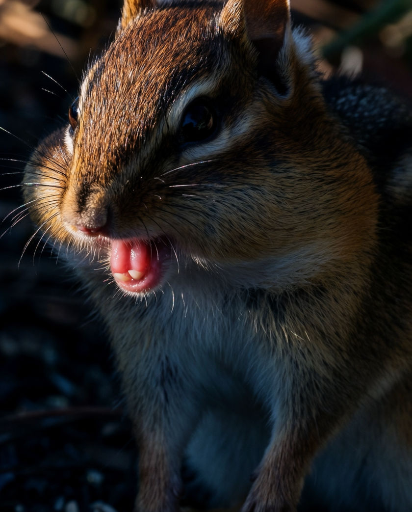 A chipmunk upright on a mossy log, cheeks full, mouth open mid-chip, soft green woodland light
