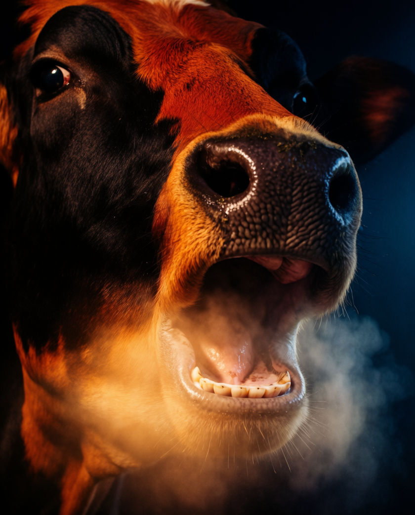 A dairy cow in a field turning toward the lens mid-moo, breath visible, cool morning light