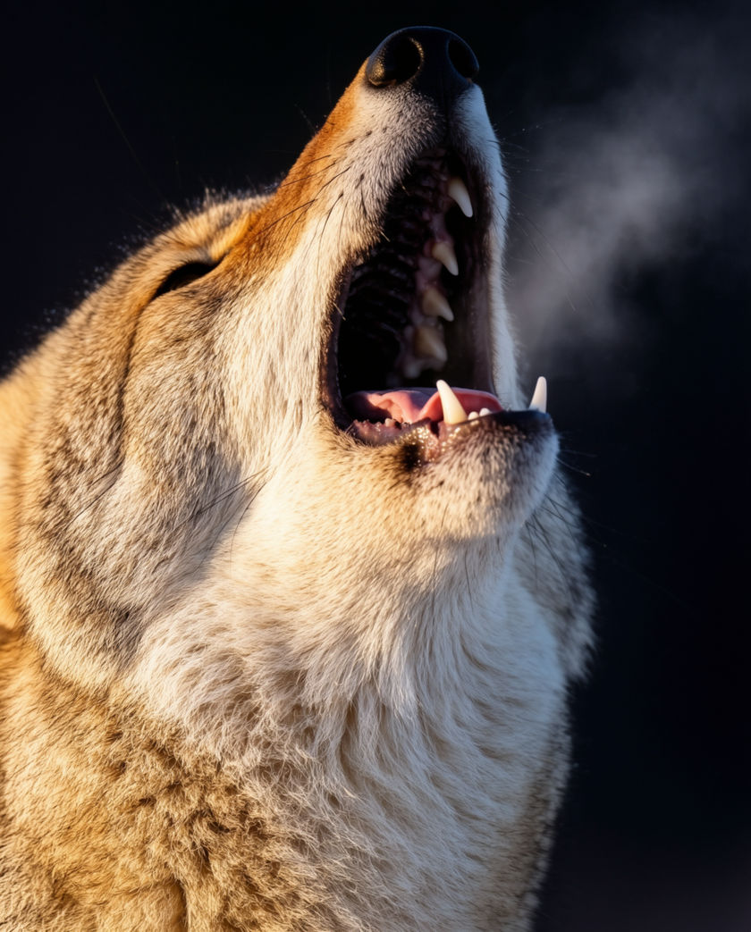 A lean coyote in profile on a ridge, head raised mid-call, rim lit against a dark slope