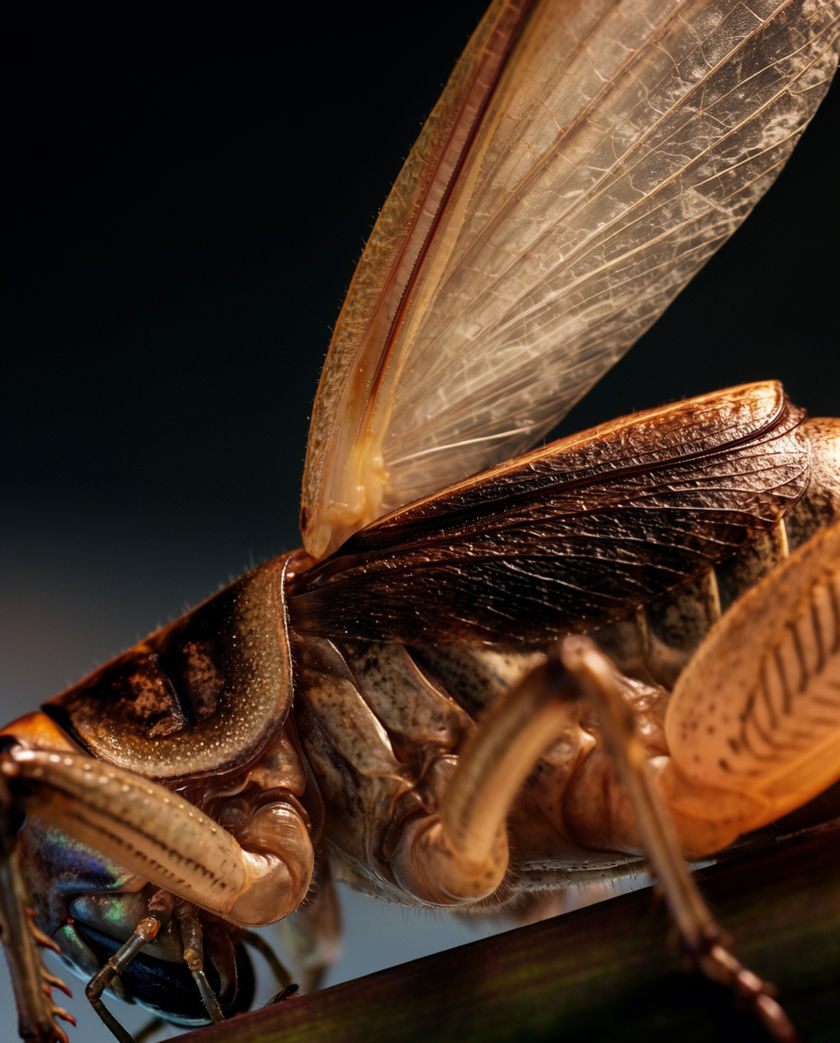 A single cricket on a dry grass stem in close macro, wings raised mid-chirp, deep blue behind it