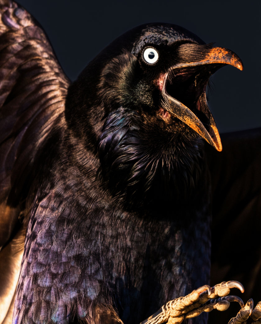 A carrion crow on a bare branch against a flat white sky, beak open mid-caw, feathers ruffled